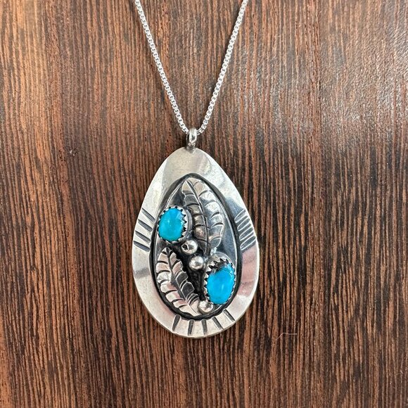 Native American Jewelry - 1970s Native American Navajo Turquoise Pendant Necklace, Sterling Silver Leaf